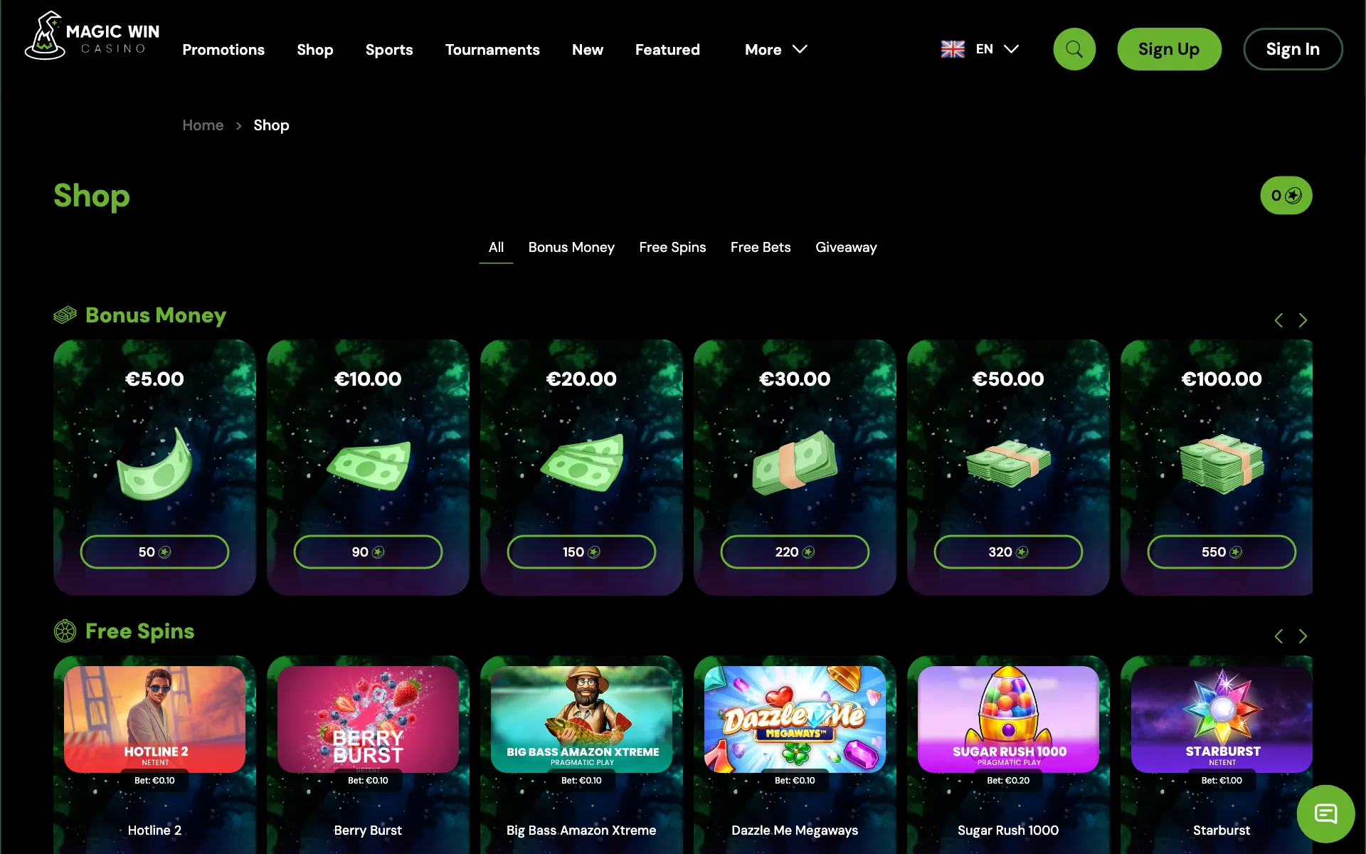 Magic Win Shop with bonus money and free spins priced in coins