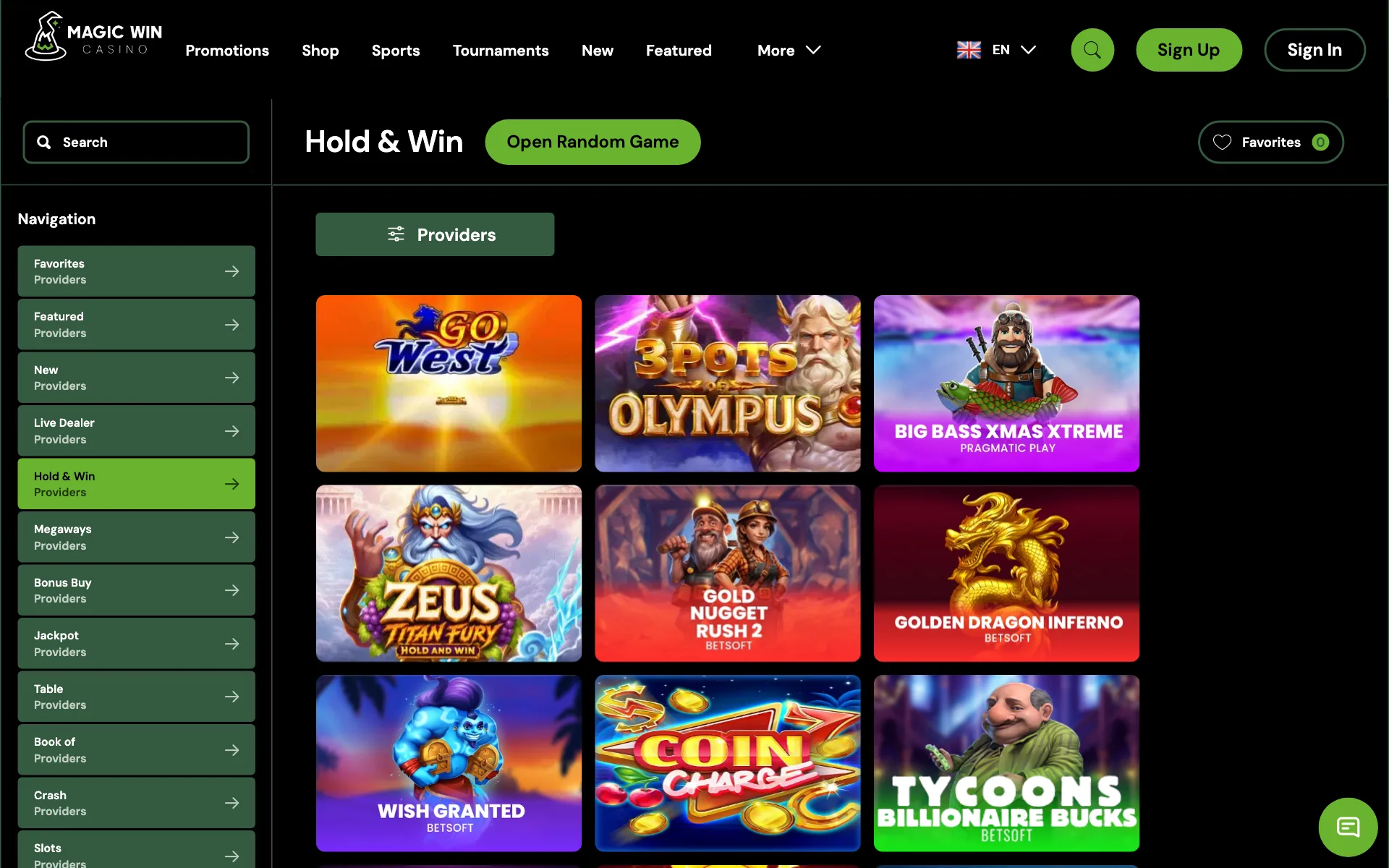 Magic Win Hold & Win section with coin-collect slots